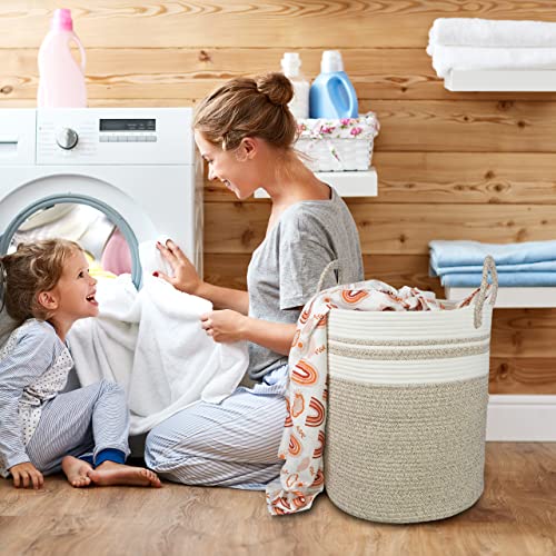 XUANGUO Cotton Rope Laundry Basket Hamper for Clothes Woven Storage Basket for Living Room Bedroom Boho Tall Rope Baskets for Blanket Toys Pillow Towels Baby Nursery Hamper Bin Large brown and white - color: brown and white, size: Regular