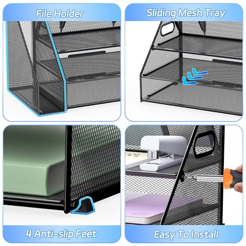 Docnest 3 Tier Metal Mesh Desk Organizer - Letter Tray with Built-in Pen Holder & Handle, Black - color: 3 Tier with File Holder-Black