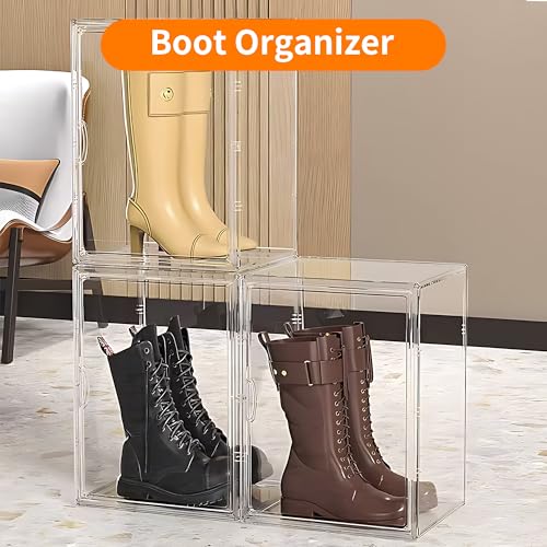 3 Pack Clear Acrylic Sneaker Shoe Display Case,Shoe Storage Boxes Stackable,Acrylic Boxes for Shoes Display with Lid,Boot Storage Organizer for Tall Boot,Purse Handbag Organizer for Closet - style: 14.2"L x 10.6"W x 8.7"H - 3 Pack