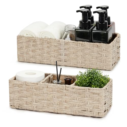Bidtakay Long Narrow Wicker Baskets Toilet Paper Basket for Shelves 2-Pack Waterproof Imitation Small Wicker Storage Bins for Washroom Closet Boho Decor Baskets for Organizing Grayish Beige - color: Grayish-beige