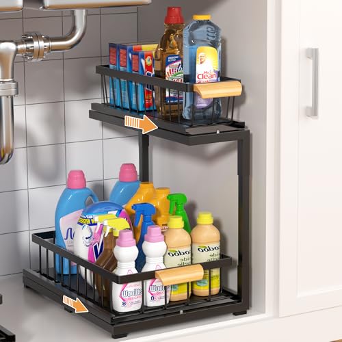 Under Sink Organizer 2 Tier, Pull Out Drawer Slides Under Sink Storage for Bathroom Kitchen,Multi-Purpose Drawer Under Cabinet Organizer for Cleaning Supplies (Black, Large-1 Pack) - color: Black, size: Large-1 Pack