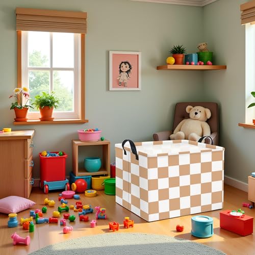 HIYAGON Rectangular Baby Girl Basket Fabric Storage Basket Storage Bin Organizer Box Room Decor(Brown Checkered) - color: Brown Checkered