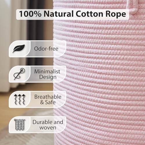 YOUDENOVA Laundry Hamper Basket, Woven 58L Tall Laundry Basket for Blanket Organizer- Nursery Hamper for Bedroom And Bathroom Storage - color: Light Pink, size: Tall (58L )