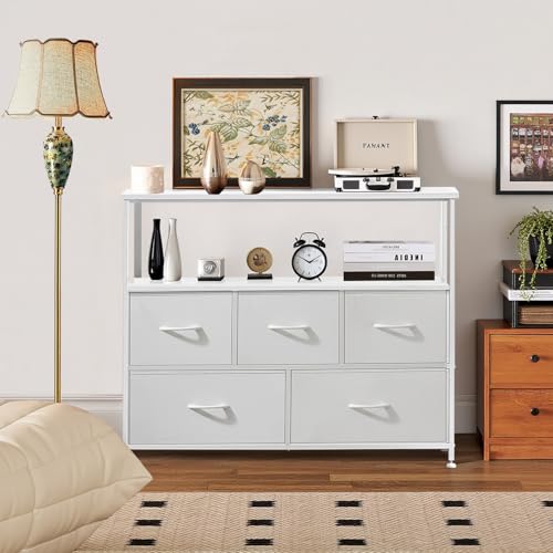 TV Stand, 5 Fabric Drawers Dresser Entertainment Center for TV up to 45 inch Wooden Media Console Table Storage Organizer with Open Shelf, for Living Room, Bedroom, or Small Space, White - color: White, size: 5 Drawers