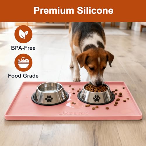 ukeetap Extra Thick Silicone Mat Waterproof with Raised Edge 19” x 12”, BPA Free Non-Slip Dog & Cat Food Mat, Feeding Mat for Food and Water Bowls, Spill Proof Mat to Protect Floors, Pink - color: Pink, size: 19"L x 12"W