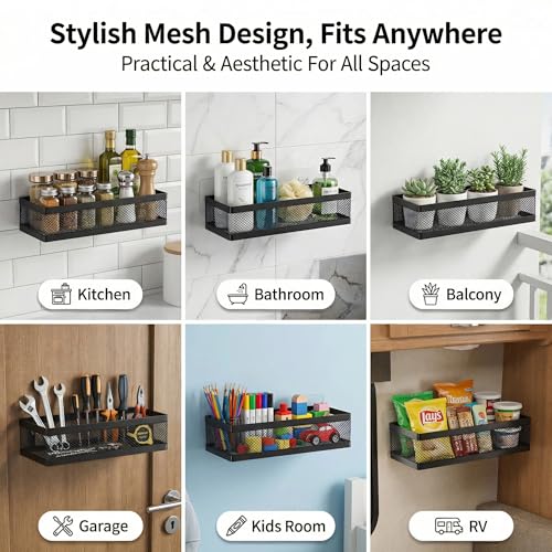 PUSDON Mesh Shower Caddy Wall Mount, Heavy Duty Adhesive Bathroom Shelf Organizer, Rustproof Floating Spice Rack for Kitchen Pantry, Holds 50 LBS, Multi-Purpose Storage Black-2 Packs (Netting) - color: Matte Black, size: Full Mesh (12.6" Wide)