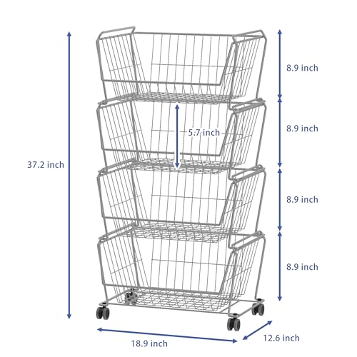 PUSDON 4-Tier Large Stackable Wire Storage Baskets with Wheels, Metal Rolling Utility Cart Organizer, Fruit and Vegetable Produce Basket for Kitchen Pantry, Bathroom Floor Shelf, Silver Grey - color: Silver Grey, size: 4 Tier Plus