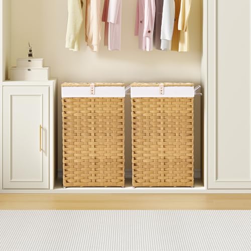 GREENSTELL Laundry Hamper with Lid, 60L Clothes Hamper with 2 Removable Liner Bags & 2 Mesh Laundry Bags, Handwoven Synthetic Rattan Laundry Basket for Clothes, Toys in Bathroom, Bedroom Natural - color: Natural, size: 60L (13.4 x 13.4 x 21.7 inches)