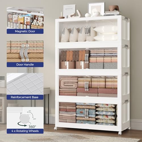 200Gal/800QT 5-Tiers Extra Large Stackable Storage Bins with Lid, Collapsible Cabinet Closet Organizer Plastic Container Box with Wheels Doors Drawers for Living Room Kitchen Office, White - size: 40Gal, style: 5Pack