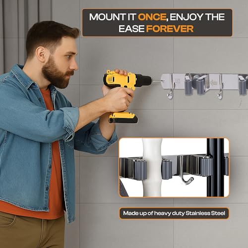 Heavy-Duty Stainless-Steel Broom Holder Wall Mount with 4 Racks and 5 Hooks | Rust Resistant Mop and Broom Hanger | Adjustable, Garage & Garden Tool Organizer | Silver Color - size: 4 Racks & 5 Hooks