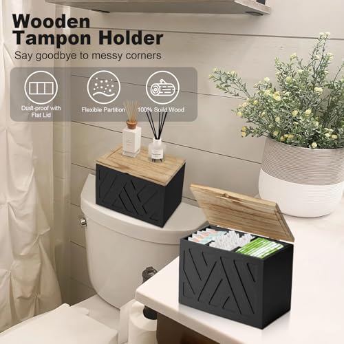 2Pcs Tampon Holder for Bathroom Decor, Feminine Product Organizer, Shark Week Tampon Storage with Lid, Wood Pad Box for Toilet, Lady Girl Stuff Organizer Case Bathroom Accessories- Black - color: 2Pcs Black