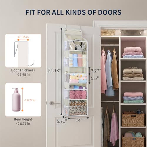 Yecaye 5-Tier Over the Door Organizer Hanging, Toy Stuffed Animal Storage, Behind the Door Storage with 5 Clear View Windows & 10 Side Pockets, Over the Door Storage for Bathroom Closet Nursery, Beige - color: Beige