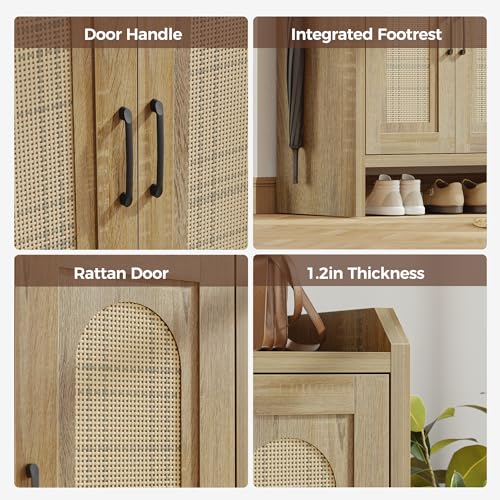 Mericonia Rattan Shoe Storage Cabinet, Farmhouse Shoe Cabinets Storage for Entryway, Boho Wooden Shoe Rack with 3 Doors for Entryway, Hallway (Natural, 3 Door) - color: Natural, size: 3 Door