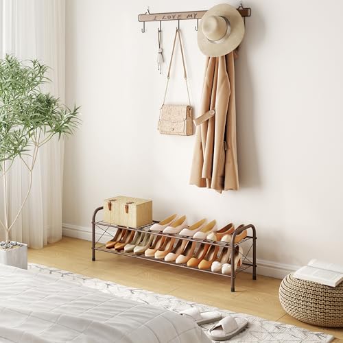 Hoctieon 2 Tier Shoe Rack for Closet, Shoe Rack FreeStanding, Entryway Shoe Shelf, Shoe Storage Organizer, Durable Mesh Style Shoe Rack, Space Save for Garage, Bedroom, Living Room, Wardrobe, Brown - color: Brown, size: 2 Tier