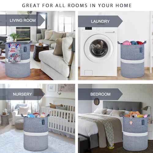 COMSE Extra Large Blanket Basket, Tall Woven Storage Basket, Nursery Hamper, 15.7”x 21.7”, Cotton Rope Laundry Hamper for Toys Clothes Towels, Blend Navy Blue/White - color: Blend Navy Blue & White