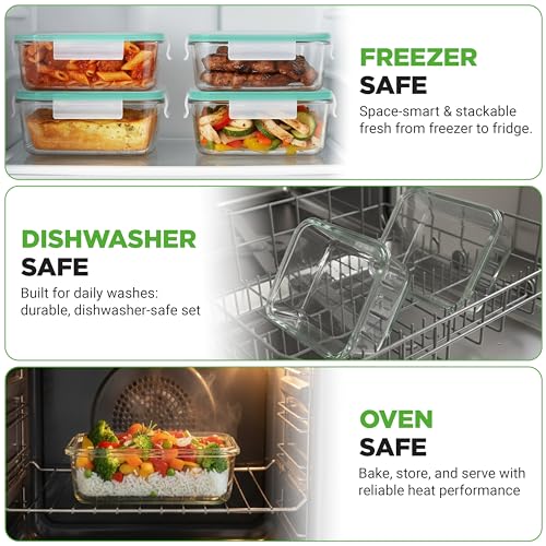 NutriChef 10 Piece Glass Food Storage Containers with Lids – 30 oz Meal Prep Containers Reusable Glass – Airtight Lunch Containers for Food Storage – Freezer to Oven Safe - Green - color: Green
