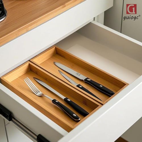 guiogc Bamboo Drawer Organizer, Utensil Organizer for Kitchen, Bamboo Storage Box Wood Silverware Tray for Drawer Set of 2 - size: 11.8" x 4" x 1.35"