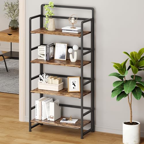 No Assembly Folding Bookshelf, 4 Tiers Collapsible Book Shelf for Home Office, Vintage Wood Foldable Bookcase Storage Organizer for Living Room Bedroom (Rustic Brown) - color: Rustic Brown, size: 4-tier