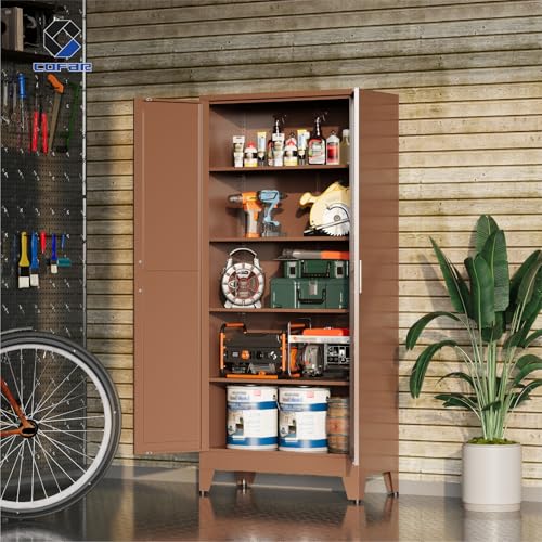 COFaR Metal Pantry Cabinet with Doors, Farmhouse 71'' Tall Storage Cabinet with 4 Adjustable Shelves, Kitchen Pantry Cabinet for Dinning Room, Garage, Laundry, Bathroom, Brown 5-Tier - color: Brown, size: 71 Tall 2 Doors-Farmhouse