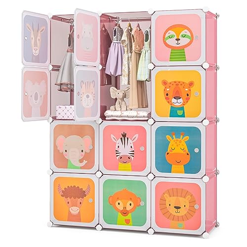 Costzon Kids Closet, Cartoon DIY Modular Dresser Storage Organizer with 12 Cubes & 2 Clothes Hanging Rack, Portable Armoire for Baby Toddlers, Kids Wardrobe for Bedroom Nursery (Pink) - color: Pink, size: 12 Cubes