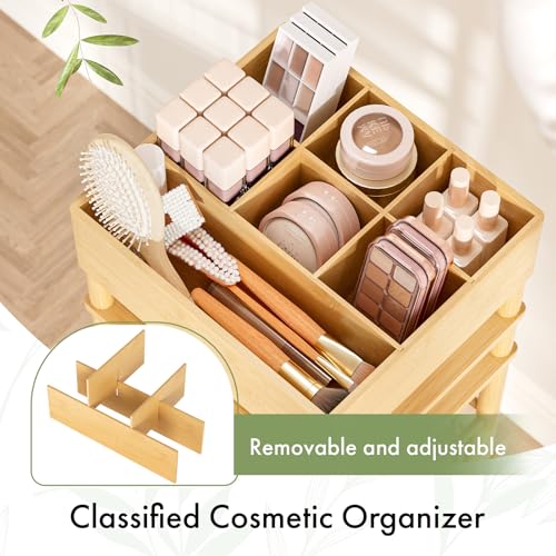 Amazer Bamboo Makeup Organizer Cart with 3 Drawers, Floor Skin Care Storage for Bathroom Bedroom, Rolling Vanity Organizer Cart for Cosmetic, Nail Polish, Perfume and Hair Tools - color: Natural Color