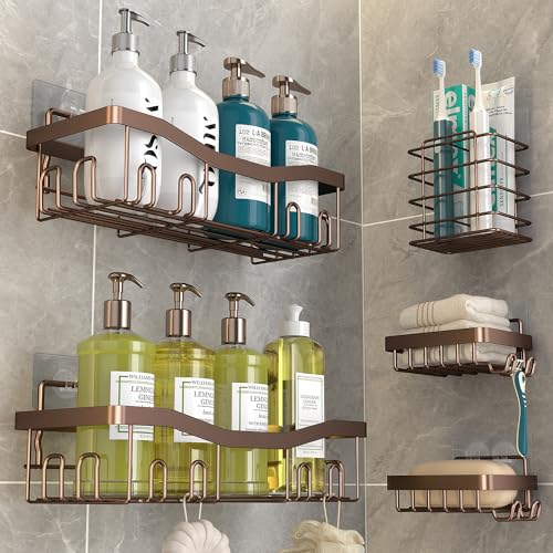 Youvip Adhesive Shower Caddy, No Drilling Bath Organizers 5 Pack, Rustproof Shelves with Soap Holder & Toothbrush Holder, Bathroom Organizers and Storage, Bronze - color: Bronze