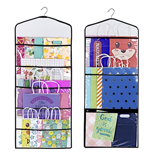 ProPik Hanging Double Sided Gift Bag Storage Organizer with Multiple Front and Back Pockets Organize Your Gift Wrap, Tissue Paper, and Paper Bags 38 x 16 Inch PVC (Black) - color: Black