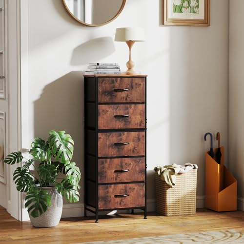 DUMOS Nightstand with 5 Drawers Bedside Table with Removable Fabric Bins Sturdy Steel Frame Wood Top Organizer Furniture for Bedroom Closet Living Room, Brown - color: Brown, size: 15.69"W x 11.8"D x 47.7"H(5 Drawers)
