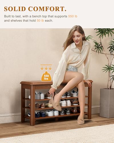 IUNVR Shoe Rack Bench Seat Rubberwood 3-Tier Wooden Storage Bench 550lbs Compact Mid-Century Modern Design for Entryway, Hallway, Closet, Front Door Entrance, Foyer - color: Walnut-3 Tier(wood), size: 39.4"W x 11.8"D x 20.5"H