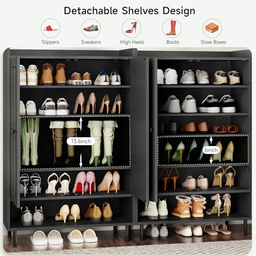 ONBRILL Shoe Cabinet with Cross Molding Doors, 6-Tier Shoe Storage Cabinet with 3 Adjustable Shelves and Metal Legs, 45'' Tall Shoes Rack Organizer Cabinet for Entryway, Front Door, Black - color: Black