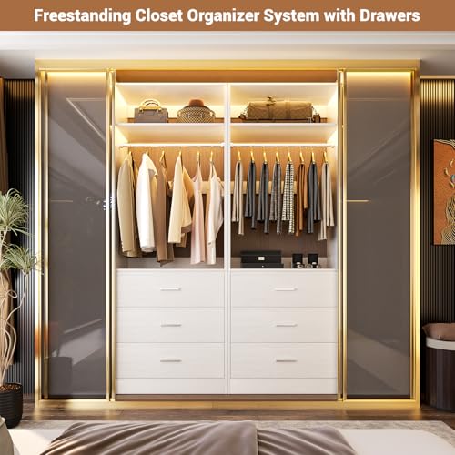 Besiost Closet System Set of 2, 4FT Closet Systems with 6 Wood Drawers, 48" Closet Organizer System with 2 Hanging Rods & 2 Shelves, Heavy Duty 48 Inch Walk-in Closet , White (48"L x 15" W x 80" H) - color: White, size: 4FT