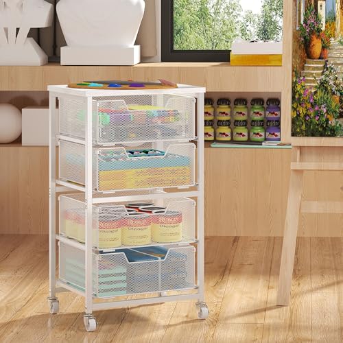 4-Drawer Rolling Storage Cart, Utility Cart with Drawers, White Metal Craft Cart Organizer with Wheels & Wooden Top, Art Supply Storage Organizer for Classroom, Office, Kitchen,Patent Pending - color: White