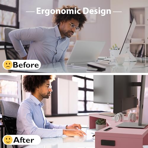 BONTEC Dual Monitor Stand Riser with Smartphone Holder, Adjustable Length & Swivel Angle, Ergonomic Wooden Desktop Organizer for PC Monitor, Laptop, Printer, Large Storage, Pink - color: Pink