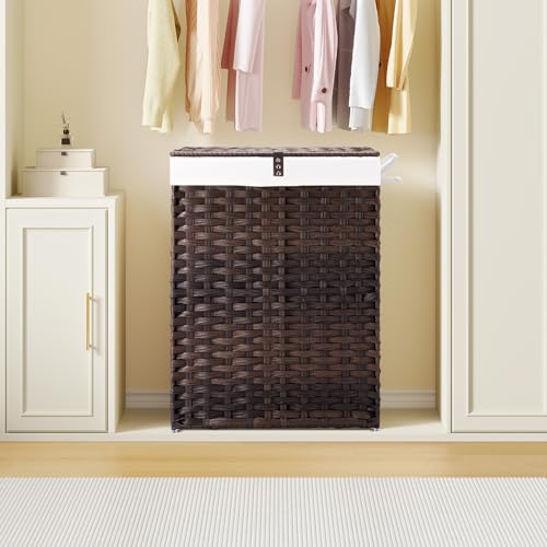 Greenstell Laundry Hamper with Lid, 90L Clothes Hamper with 2 Removable Liner Bags & 2 Mesh Laundry Bags, Handwoven Synthetic Rattan Laundry Basket for Clothes, Toys in Bathroom, Bedroom Brown - color: Brown, size: 90L (18.1 x 13.0 x 23.6 inches)