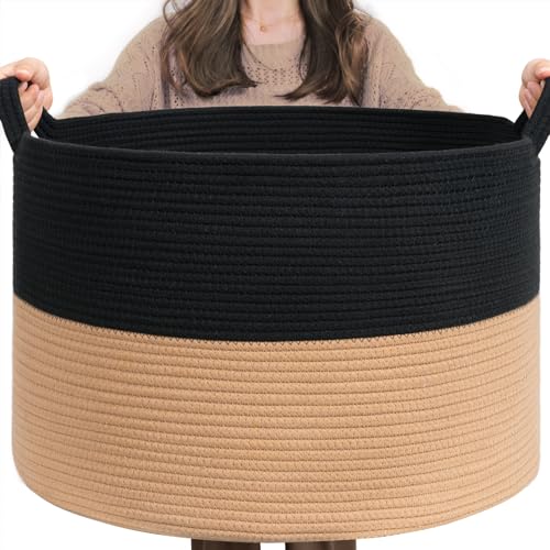 INDRESSME XXXLarge Cotton Rope Basket Woven Baby Laundry Basket Blanket Baskets Toy Baskets with Handle Comforter Cushions Storage Bin Thread Laundry Hamper - 21.7" x 21.7" x 13.8" - color: Black & Camel, size: 21.7"D x 13.8"H