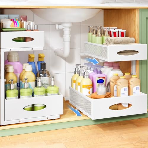 Under Sink Organizer, 2-Pack Pull Out Cabinet Organizer 2 Tier Metal Slide Out Storage Shelf Rack, L-Shaped Adjustable Height,Mesh Sliding Drawer for Kitchen, Bathroom, Laundry, Pantry, White, XL - color: White, size: 2-Pack (XL)