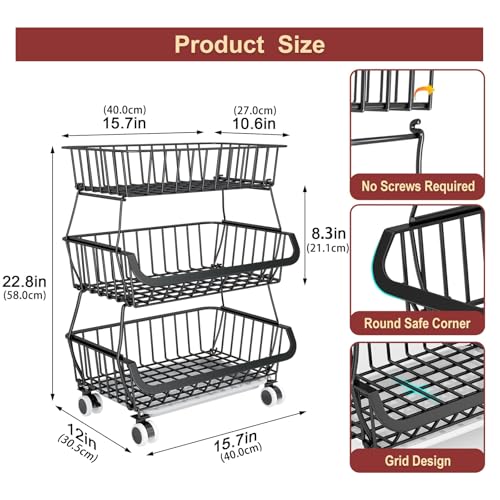 Miyawell 3-Tier Rolling Pantry Cart with Wheels, Stackable Wire Storage Floor Organizer for Kitchen Pantry Snack Shelves, Fruit Basket Stand, Vegetable Storage Rack for Food Snacks Onion Potato - color: 3 Tier-black (1 Pack)