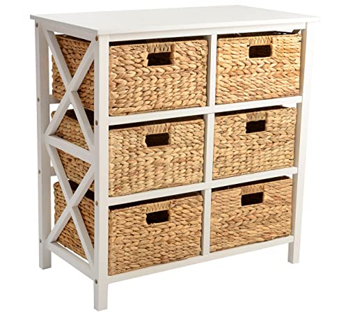 eHemco 3 Tier X-Side End Storage Cabinet, Table with 6 Wicker Baskets for Bedroom, Living Room in White - color: White, size: 15.5"D x 29.3"W x 30"H (6 Drawers)
