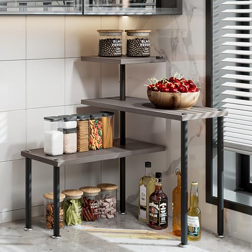 Countertop Organizer Organization 3 Tier Kitchen Corner Shelves Adjustable Spice Storage Rack for Bathroom Coffee Area Over Sink (Dark Gray Oak) - color: Dark Gray Oak
