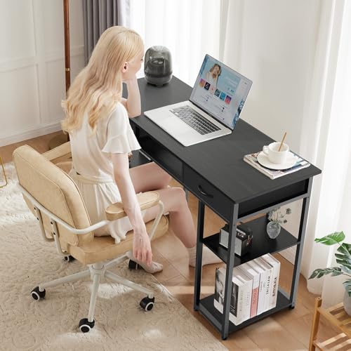 DUMOS 48" Small Computer Home Office Desk for Bedroom with Drawers, Gaming Writing Study Table with Storage Shelf, Adjustable Feet, Metal Frame Black - color: Black, size: 48-In