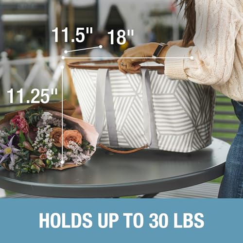 CleverMade Collapsible LUXE Tote - Reusable Grocery Shopping Storage Bag Organizer w/Handles Reinforced Bottom - color: Geometric Taupe
