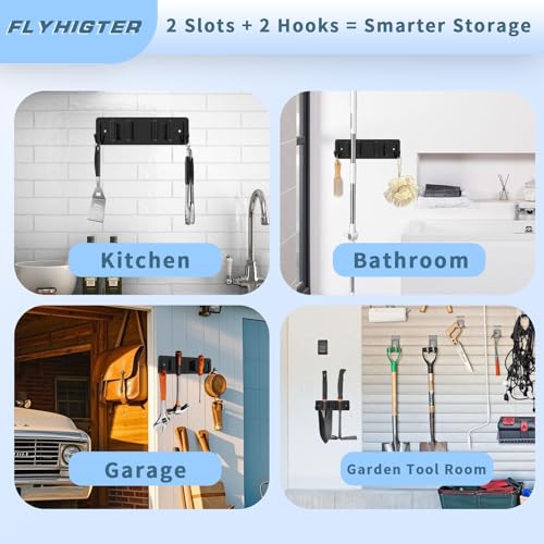 Broom and Mop Holder Wall Mounted, Heavy-Duty Stainless Steel Storage Rack with 2 Racks & 2 Hooks,Broom Organizer for Kitchen,Bathroom,Garage,Garden（SILVER - color: SILVER-2 Racks2 Hooks