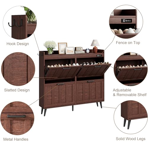 ChooChoo Shoe Storage Cabinet with 4 Flip Drawers, Deodorizing Shoe Organizer Storage for Entryway, Freestanding Hidden Slim Narrow Shoe Rack Cabinet, Walnut - color: Walnut, size: 4-Drawers