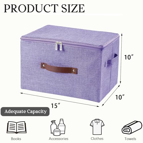 Storage Bins with Zipper Lid Foldable Fabric Lidded Storage Boxes Baskets Cubes Washable Collapsible PU Leather Handle Cotton Linen Shelves Closet Organizer Container(Purple, Large Size) - color: Purple, size: Large ( Set of 1 )