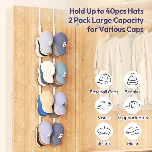 SWTYMIKI Over Door Hat Rack - 2 Packs Metal Hanging Hat Organizer with 8 Hooks Design, Baseball Cap Hanger Organizer Storage Holds up to 40 Caps for Door, Bedroom, Closet - color: White, size: 2 Pack