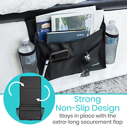 Vive Bedside Caddy - Bed Hanging Organizer - Storage Bag Shelf for College Dorm, Bedroom, Couch, Bunk - 8 Large Pockets with Charger Slots for Men and Women - Slides Under Mattress - Handle for Travel