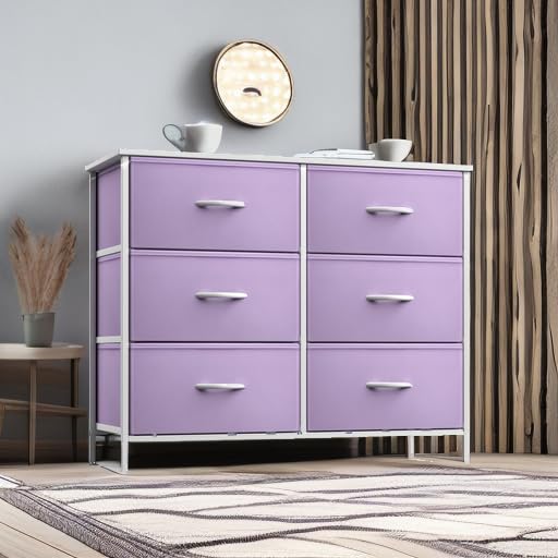 Sorbus Dresser with 6 Drawers - Furniture Storage Tower Unit for Bedroom, Hallway, Closet, Office Organization - Steel Frame, Wood Top, Easy Pull Fabric Bins (6-Drawer, Pastel Purple) - color: Purple, style: 6-Drawer