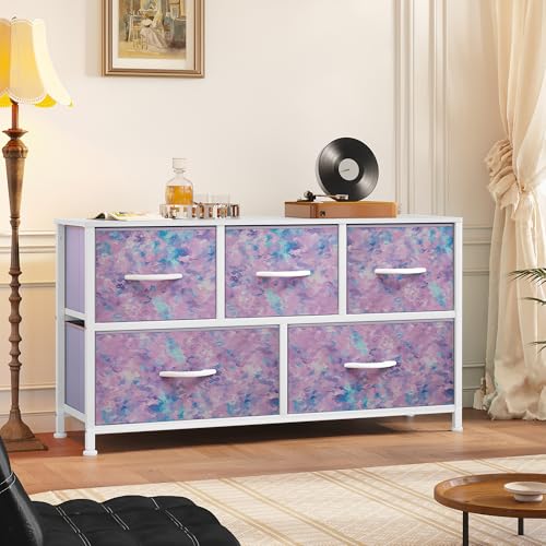 YITAHOME Wide Storage Tower with 5 Drawers - Fabric Dresser, Organizer Unit for Bedroom, Living Room, Closets - Sturdy Steel Frame, Easy Pull Fabric Bins & Wooden Top - color: Tie Purple, style: 5-Drawer