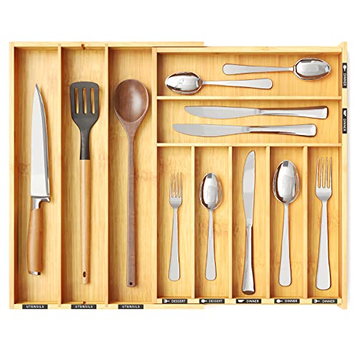 SpaceAid Bamboo Silverware Drawer Organizer with Labels, Kitchen Utensil Expandable Tray Holder Organizer for Flatware, Cutlery, Spoon and Knives Drawer Storage Organization (Natural, 10 Slots) - color: Natural