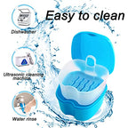 Keedolla Denture Cup Orthodontic Retainer Case, Denture Bath Box Dental Mouthguard Case Cleaning with Brush, Strainer Basket and Lid Waterproof - Blue - color: Bluw